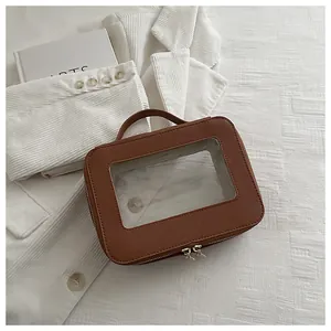 Brown faux leather travel organizer with transparent window and top handle overview