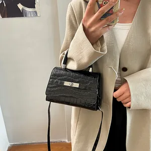 Elegant black crocodile texture small square handbag with silver clasp for women