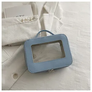 Light blue PU leather organizer bag with clear window and top handle detail