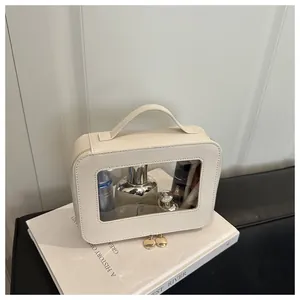Detail of white leather makeup bag with transparent PVC window and dual metal zippers