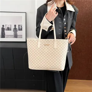 Chic beige tote bag with M-letter print and gold metal plaque for office commute style