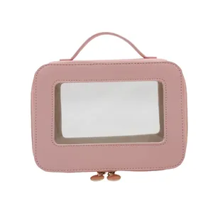 Pink PU leather makeup bag with large transparent window and top handle for travel