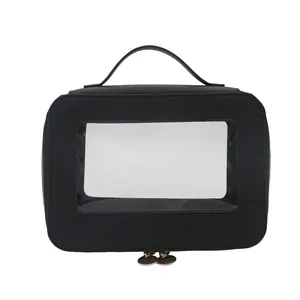 Borsa nera in pelle Saffiano con finestra in PVC trasparente e cerniera dorata