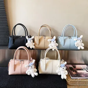 Women Litchi Pattern PU Leather Handbag Elegant Boston Bag With Bunny Pendant Fashion Shoulder Crossbody Commuter Bag