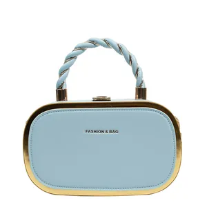 Detail of light blue box clutch bag with gold metal frame and woven leather top handle