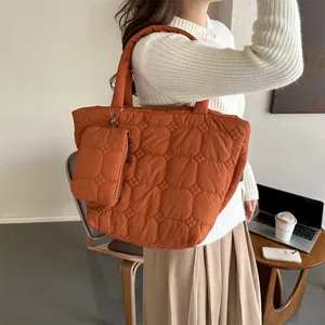 Women Quilted Polyester Tote Bag With Matching Small Pouch Large Capacity Puffer Shoulder Bag Solid Color Casual Handbag