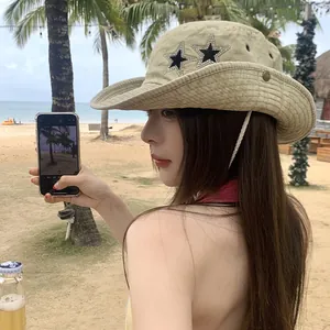 Khaki sun hat with rhinestone stars and chin strap, beach vacation style for women
