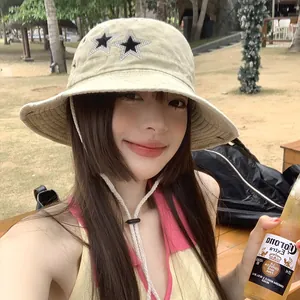Beige wide-brim sun hat with rhinestone stars and windproof rope for outdoor camping