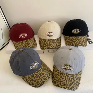 Trendy Acrylic Baseball Cap Leopard Print Brim Believe Embroidered Letter Patch Baseball Hat Casual Street Style Dad Cap