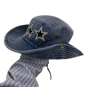 Deep blue denim sun hat with sparkling rhinestone stars and adjustable chin strap