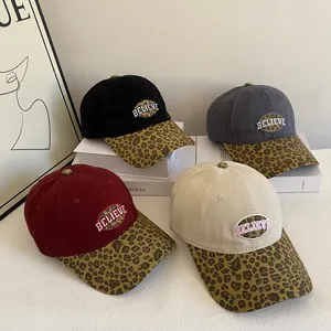 American street style leopard print brim baseball cap with BELIEVE letter embroidery