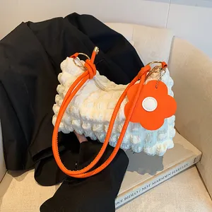 Fashion Bubble Texture Popcorn Fabric Shoulder Bag For Women Sweet Underarm Bag With Flower Pendant Casual Solid Color Handbag