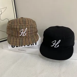 Casquette de Cadet Rétro Américain Pour Femmes Hommes Broderie Lettre H Tweed Pied-de-poule Style Militaire Casquette de Baseball Réglable Streetwear