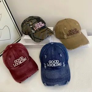 Distressed Washed Acrylic Baseball Cap Good Looking Embroidery Broken Hole Retro Streetwear Sun Protection Hat For Unisex