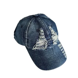 Berretto da baseball in denim blu scuro vintage con fori consumati e visiera curva
