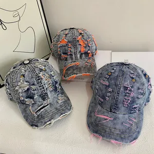 Distressed Denim Baseball Cap Retro Frayed Edge Washed Cotton Adjustable Hip Hop Sun Hat For Men Women Streetwear