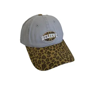 Gray baseball cap with leopard print brim and Believe embroidery on white background