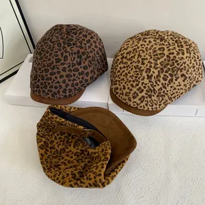 Fashionable leopard print duckbill caps with brown suede brims in three stylish colors