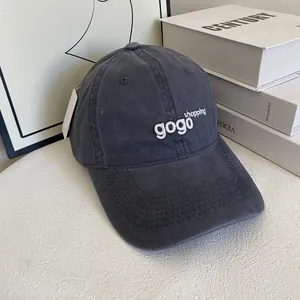Vintage washed cotton dark grey baseball cap with white gogo shopping embroidery