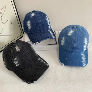 Casquette de Baseball en Denim Lavé Vieilli Pour Hommes Femmes Déchiré Rétro Ajustable Streetwear Mode Décontracté Protection Solaire Chapeau