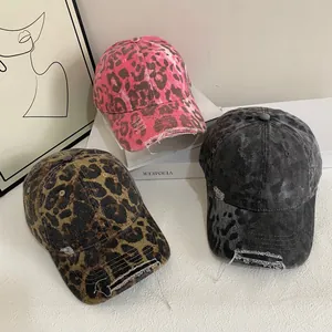 Vintage Distressed Leopard Print Baseball Cap For Women Y2K Streetwear Acid Wash Hole Design Adjustable Soft Top Hat