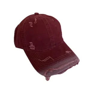 Vintage distressed wine red baseball cap with American street style torn details