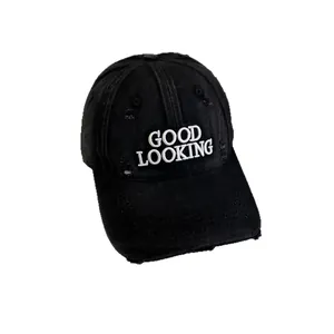 Black distressed baseball cap with white Good Looking embroidery on high crown washed cotton