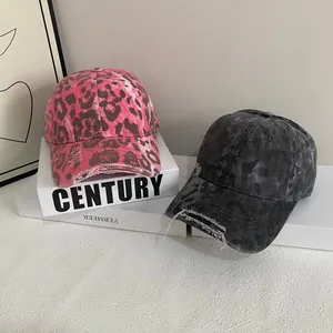 Pink and grey leopard print baseball caps with vintage distressed details for women