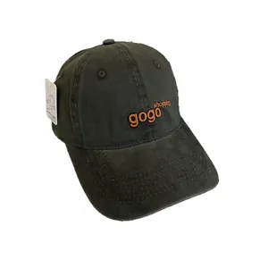 Vintage washed dark green baseball cap with orange gogo shopping embroidery