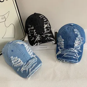 Distressed vintage denim baseball cap with frayed ripped details in three classic colors