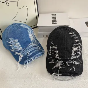 Distressed Ripped Denim Baseball Cap For Men Women Frayed Washed Cotton Streetwear Hip Hop Adjustable Sun Hat