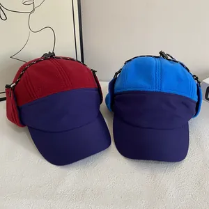 Winter fleece ear-flap baseball cap with color-block design and adjustable drawstring