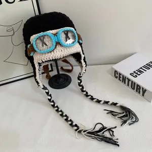 Hand Knitted Aviator Hat With Goggles And Long Tassels Warm Winter Earflap Beanie For Women Funny Crochet Pilot Hat