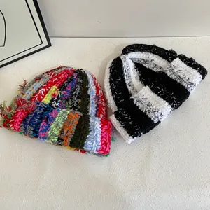 Handmade striped and colorful knit beanies for women, thick crochet winter hats