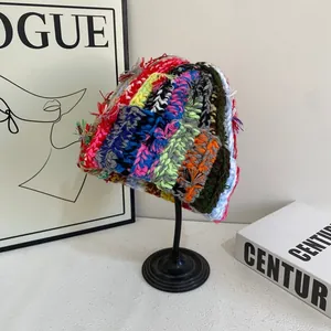 Handmade Striped Knit Beanie Hat For Women Autumn Winter Thick Warm Crochet Skull Cap Boho Tassel Slouchy Knitted Hat