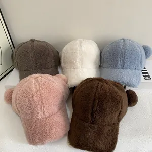 Kawaii Bärenohr Lammwolle Baseballkappe Für Damen Weicher Plüsch Warmer Winterhut Süßes Tierdesign Einfarbiger Modehut