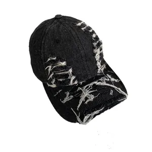 Streetwear black washed distressed denim baseball cap with heavy ripped details