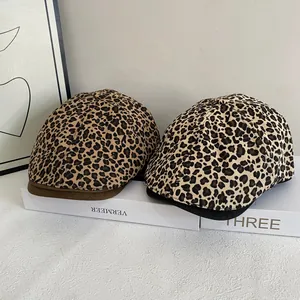 Retro leopard print beret with suede brim in coffee and black colors for women