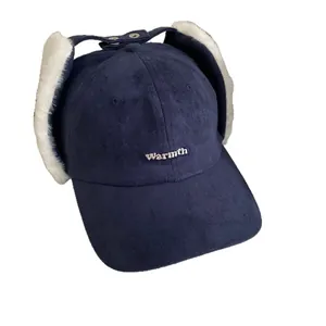 Winter faux suede ear flap baseball cap in navy blue with white plush lining and warmth embroidery
