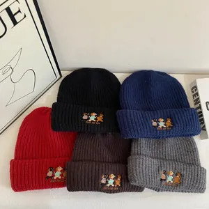 Cute Cartoon Puppy Embroidery Knitted Beanie For Women Winter Warm Acrylic Ribbed Rolled Edge Skull Cap Casual Outdoor Hat