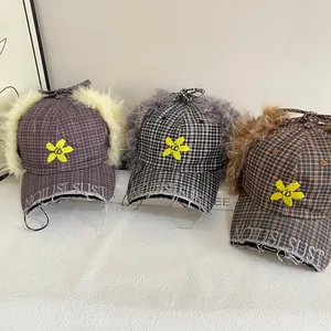 Winter Plaid Trapper Hat Women Men Faux Fur Earflap Baseball Cap Floral Embroidery Distressed Warm Windproof Outdoor Ski Hat