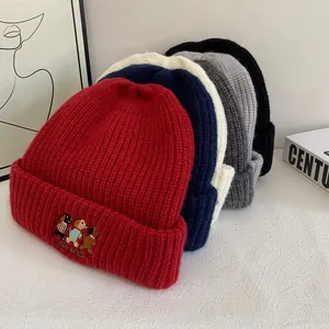 Winter chunky knit beanie set with cute puppy embroidery in five versatile colors