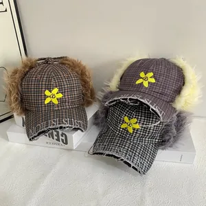 Winter plaid plush trapper hats with ear flaps and floral embroidery in three colors
