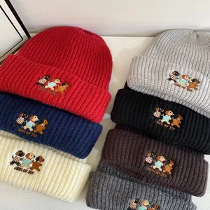Winter rib-knit beanie with cute puppy embroidery and Join My Joy text in seven colors