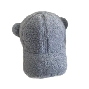 Süße graublaue Teddy-Baseballkappe für Damen mit Plüschohren im einfarbigen Design