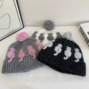 Berretto in Maglia Con Motivo Gatto e Pompon Invernale Caldo Antivento Pesante in Acrilico Per Donna e Uomo