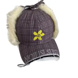 Winter plaid plush trapper hat with floral embroidery and warm faux fur ear flaps