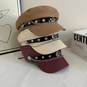 British style PU leather newsboy cap with anchor badge and metal chain decoration
