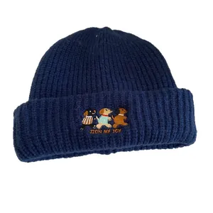 Winter chunky navy knit beanie featuring cute cartoon puppy embroidery and Join My Joy text