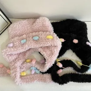 Schattige Beertjesoren Pluche Oushanka Hoed Voor Vrouwen Winter Dik Warm Winddicht Oorbescherming Gekleurde Pompons